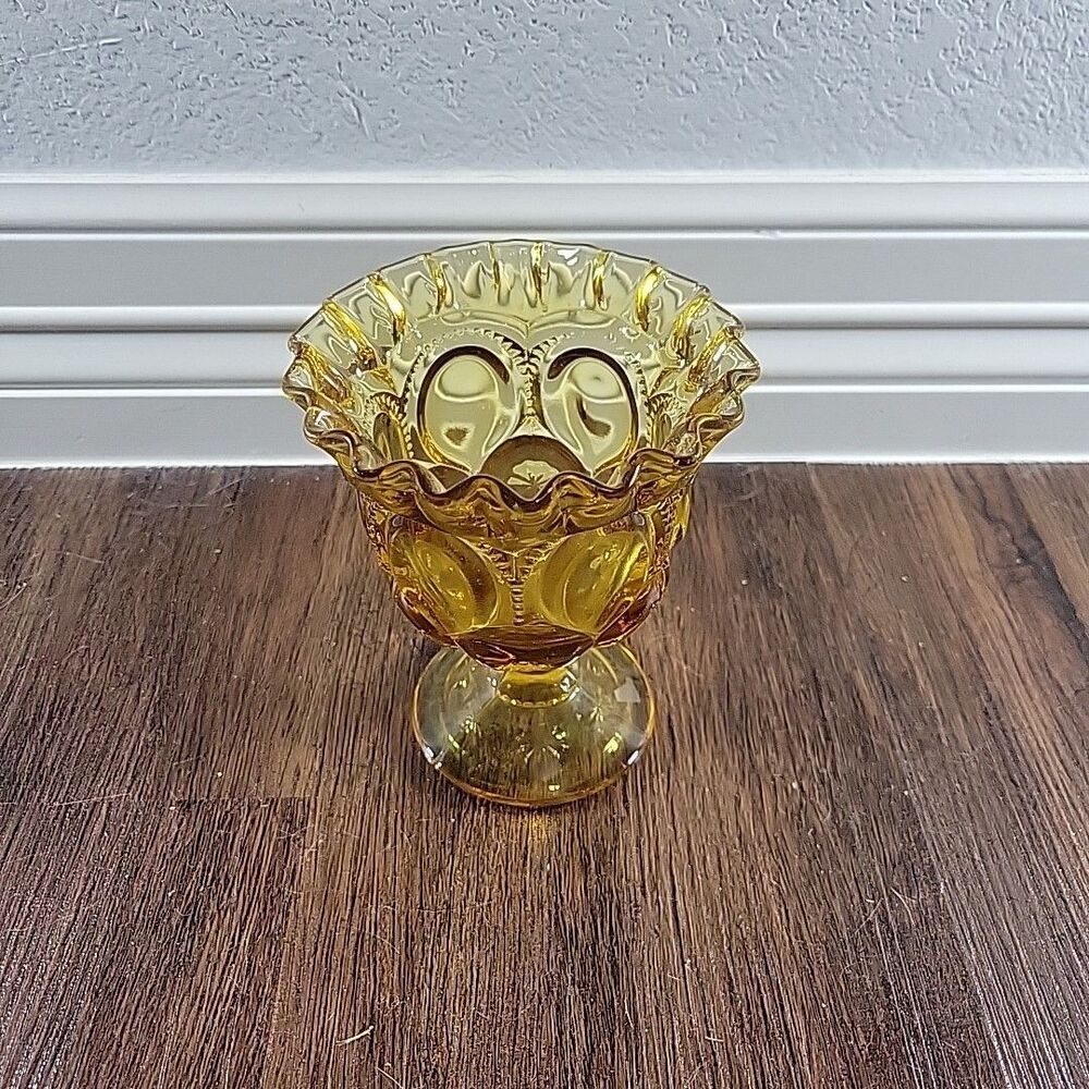 Vtg LE Smith Amber Glass Moon & Star Ruffled Edge Compote Dish 5.5” MCM 50s 1950